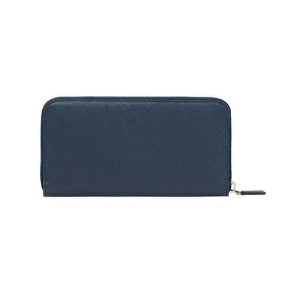 Prada Baltico Blue Saffiano Leather Orange Logo Zip Around Wallet 2ML317