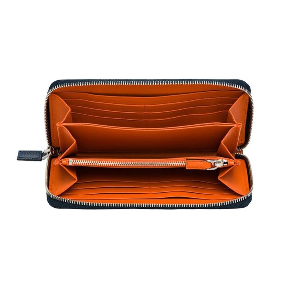 Prada Baltico Blue Saffiano Leather Orange Logo Zip Around Wallet 2ML317