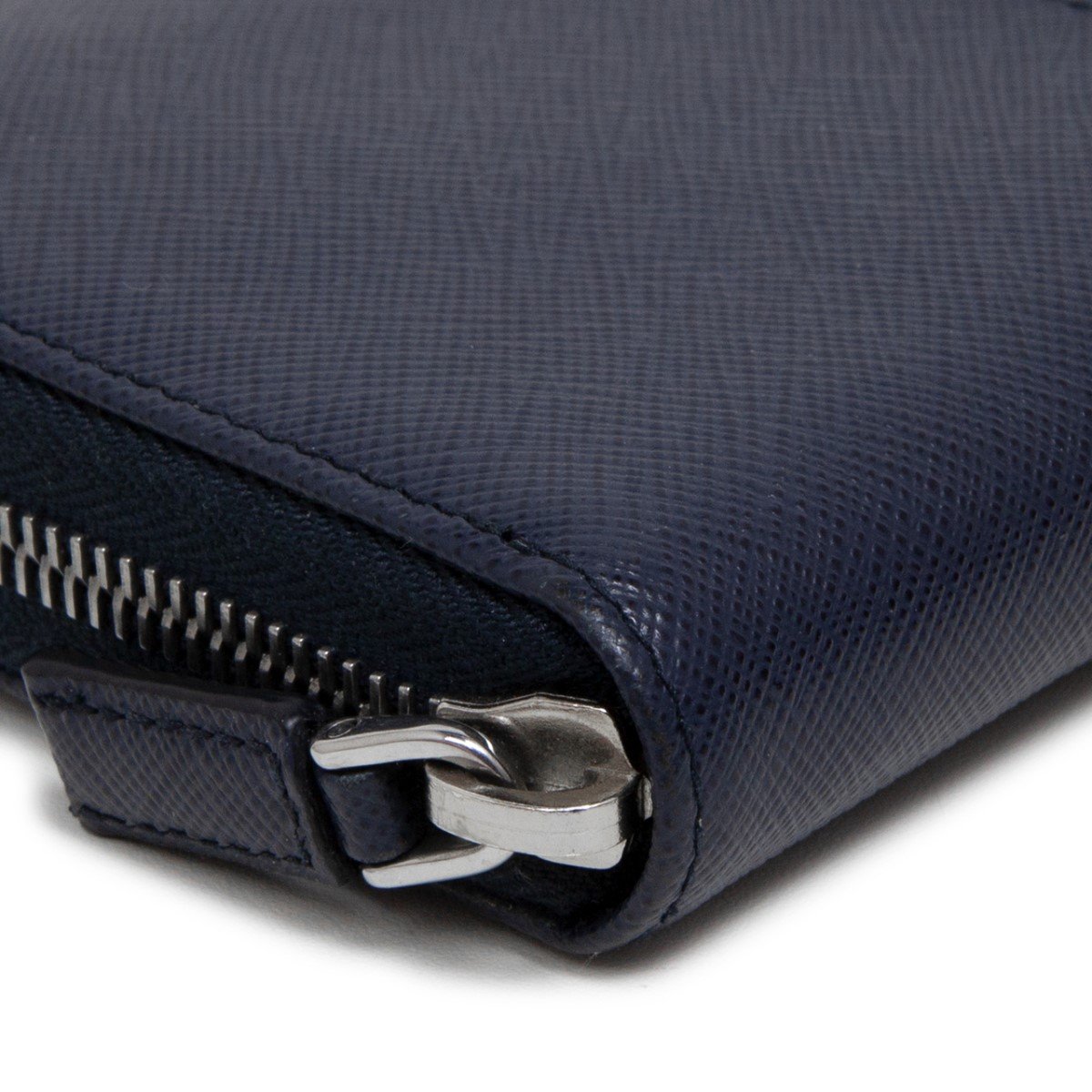 Prada Baltico Blue Saffiano Leather Orange Logo Zip Around Wallet 2ML317