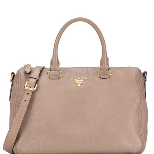 Prada Bauletto Vitello Leather Cammeo Beige Phenix Handbag 1BB023