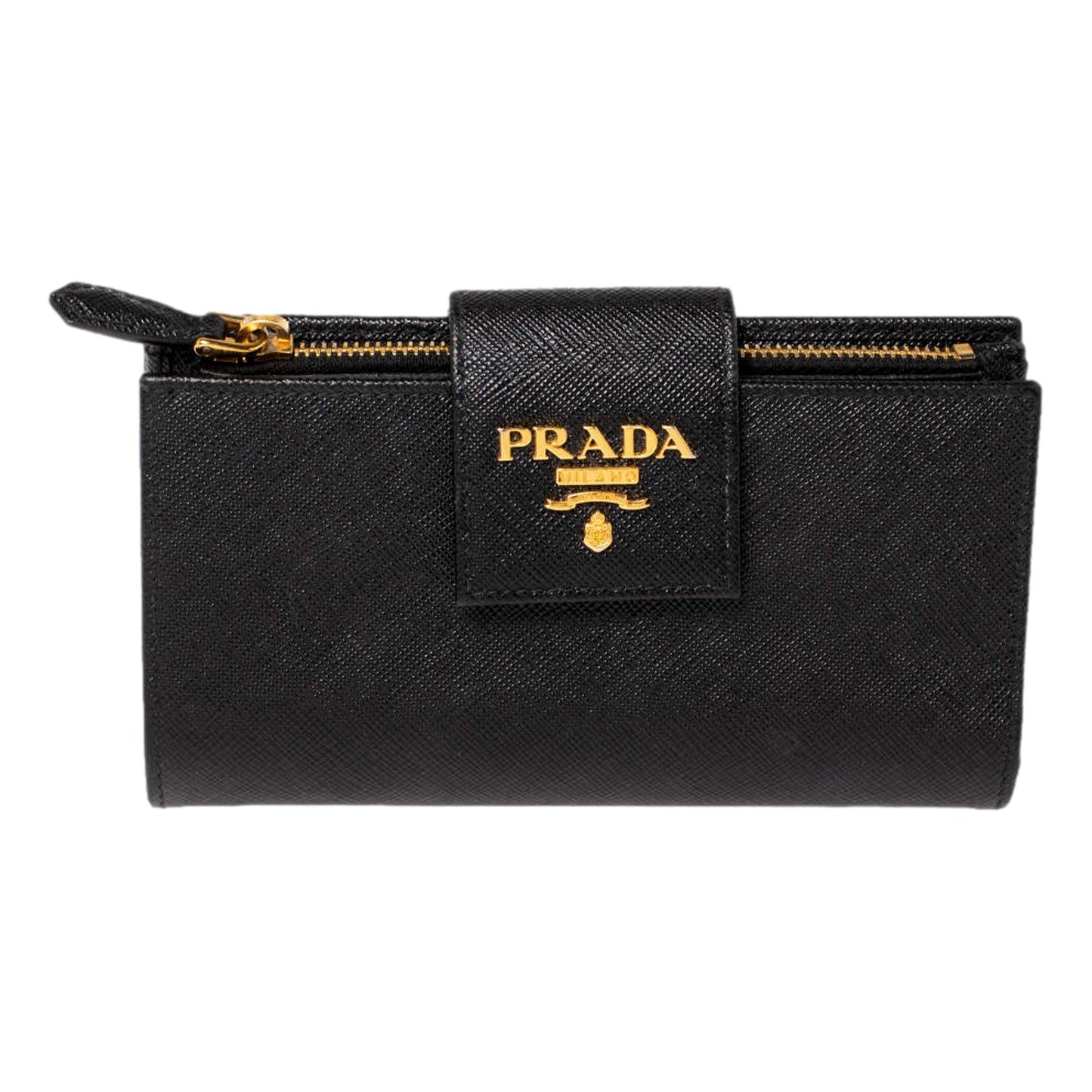 Prada Saffiano Leather Long Wallet Womens Nero Black and Gold