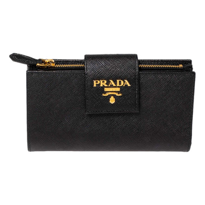 Prada Saffiano Leather Long Wallet Womens Nero Black and Gold