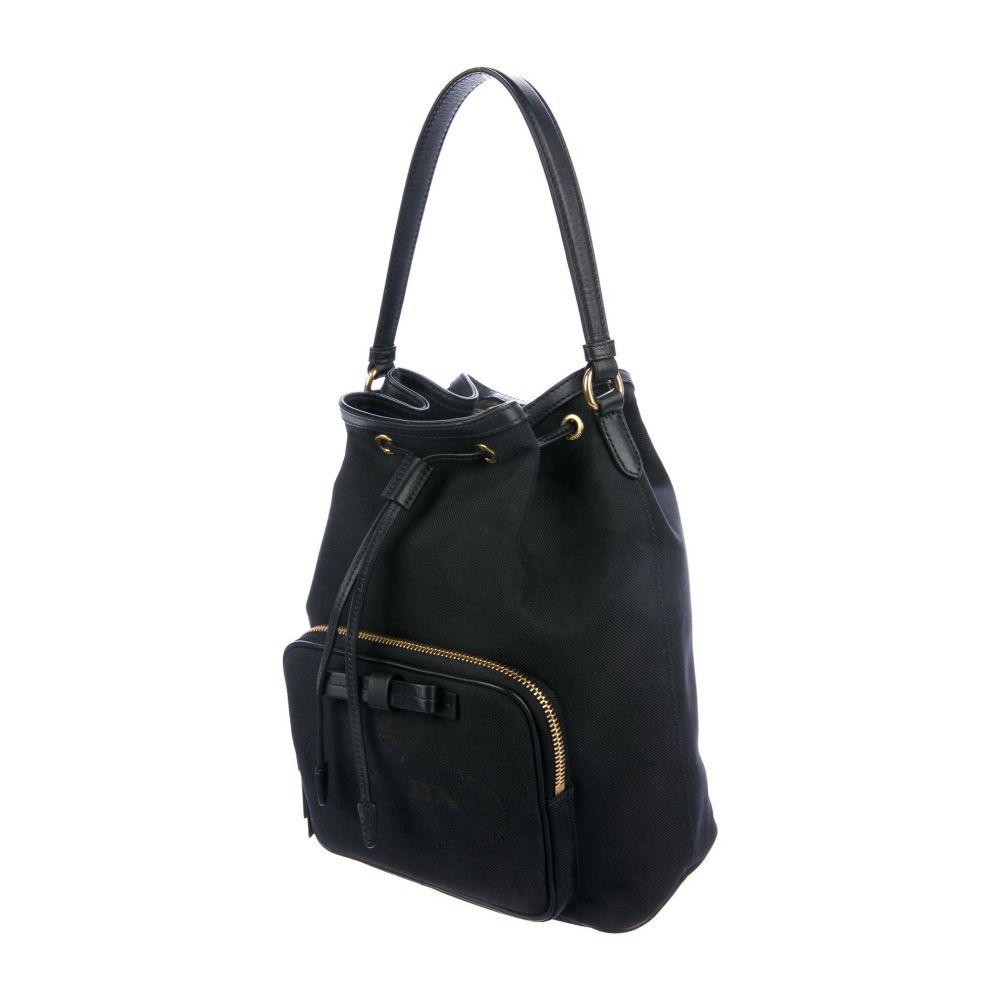 Prada Black Canvas Jacquard Logo Bow Convertible Medium Bucket Bag 1BH097