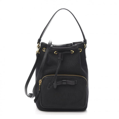 Prada Black Canvas Jacquard Logo Bow Convertible Medium Bucket Bag 1BH097