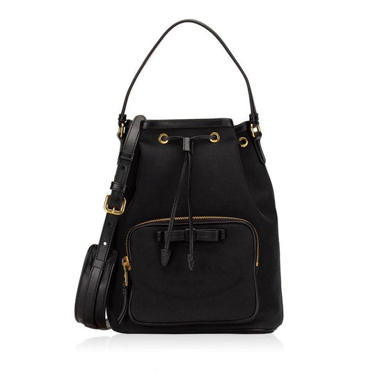 Prada Black Canvas Jacquard Logo Bow Convertible Medium Bucket Bag 1BH097
