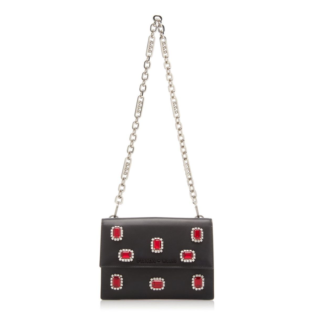 Prada Black City Calfskin Leather Red Jewels Chain Shoulder Bag 1DH101