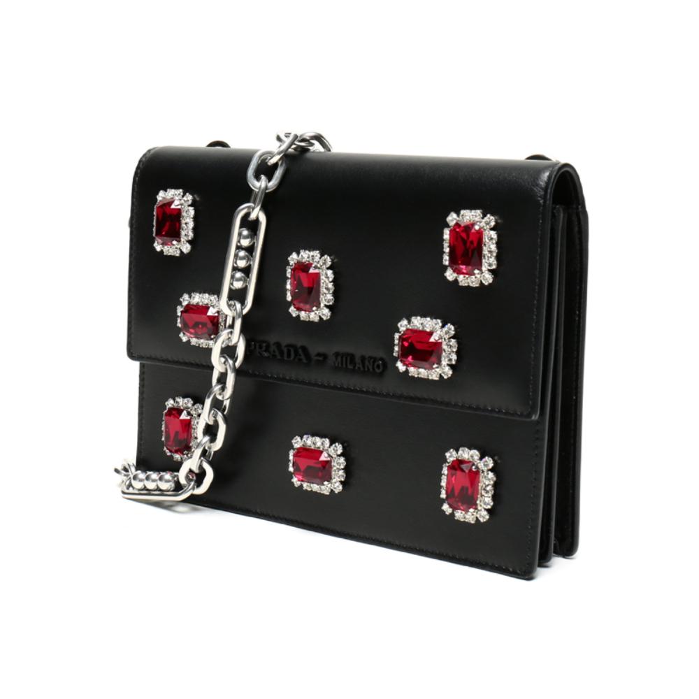 Prada Black City Calfskin Leather Red Jewels Chain Shoulder Bag 1DH101