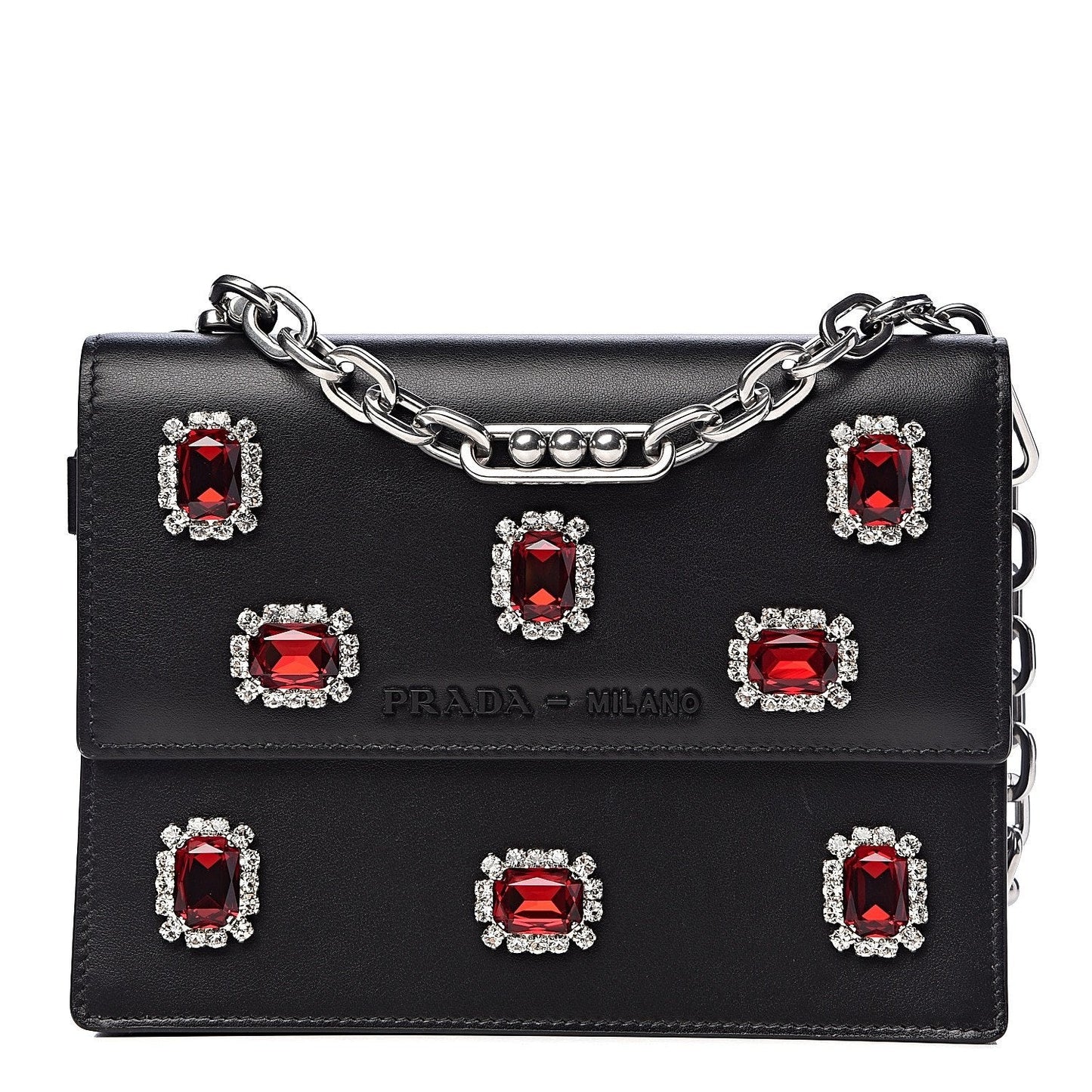 Prada Black City Calfskin Leather Red Jewels Chain Shoulder Bag 1DH101
