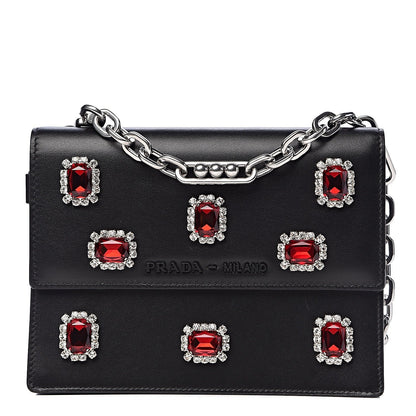 Prada Black City Calfskin Leather Red Jewels Chain Shoulder Bag 1DH101