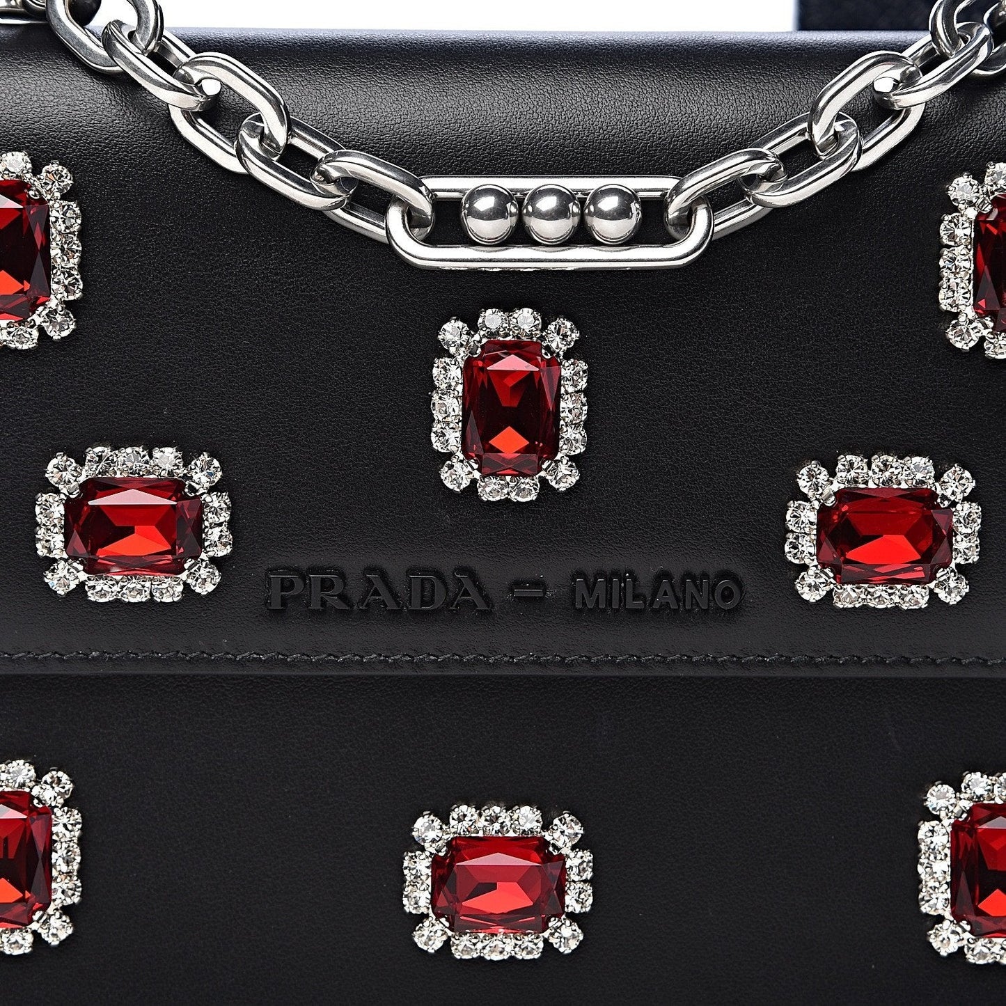 Prada Black City Calfskin Leather Red Jewels Chain Shoulder Bag 1DH101