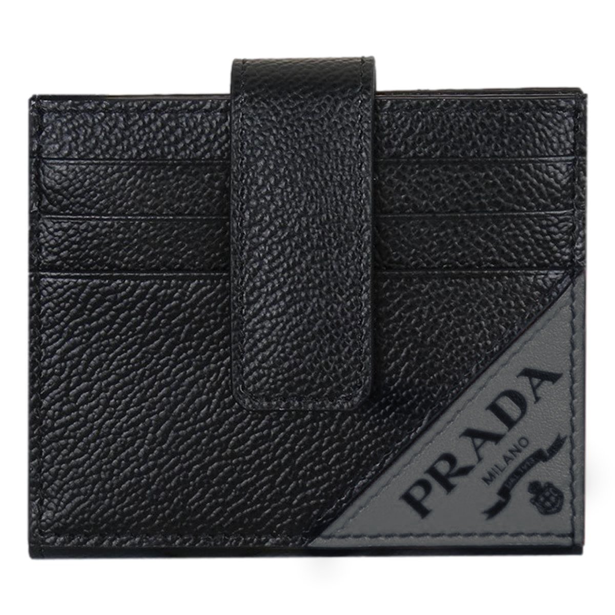 Prada Black Grey Vitello Grain Leather Card Case Bifold Wallet