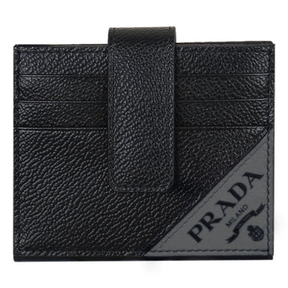 Prada Black Grey Vitello Grain Leather Card Case Bifold Wallet