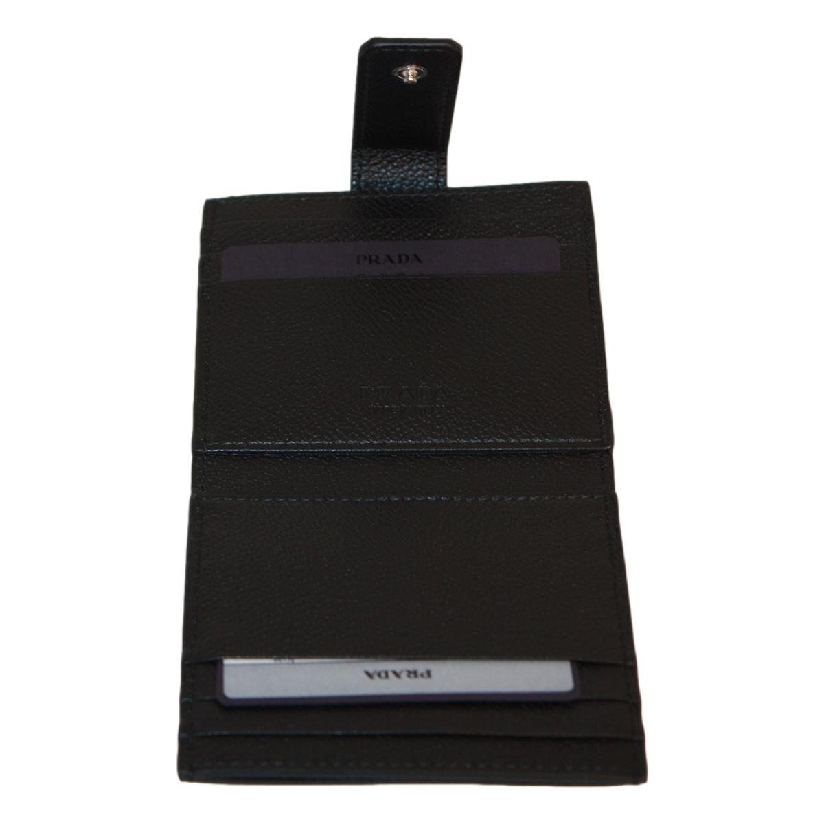 Prada Black Grey Vitello Grain Leather Card Case Bifold Wallet