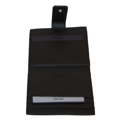 Prada Black Grey Vitello Grain Leather Card Case Bifold Wallet