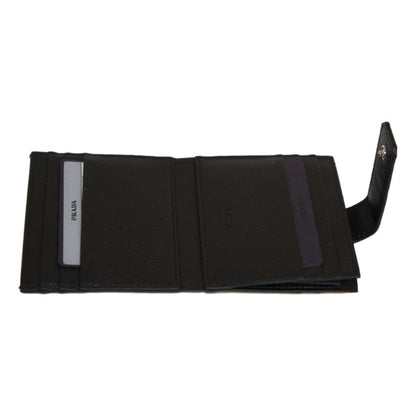Prada Black Grey Vitello Grain Leather Card Case Bifold Wallet