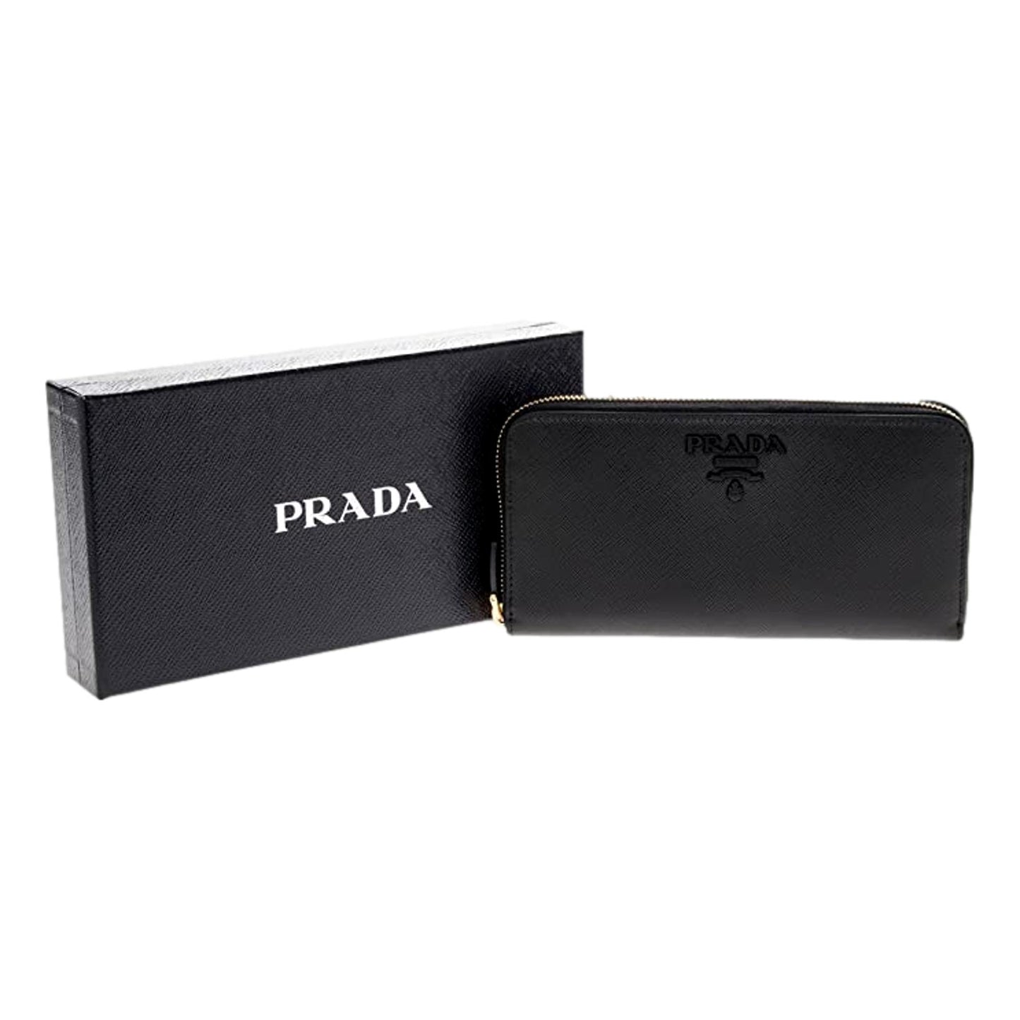 Prada Black Logo Saffiano Leather Zip Around Wallet 1ML506