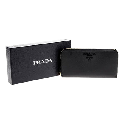 Prada Black Logo Saffiano Leather Zip Around Wallet 1ML506