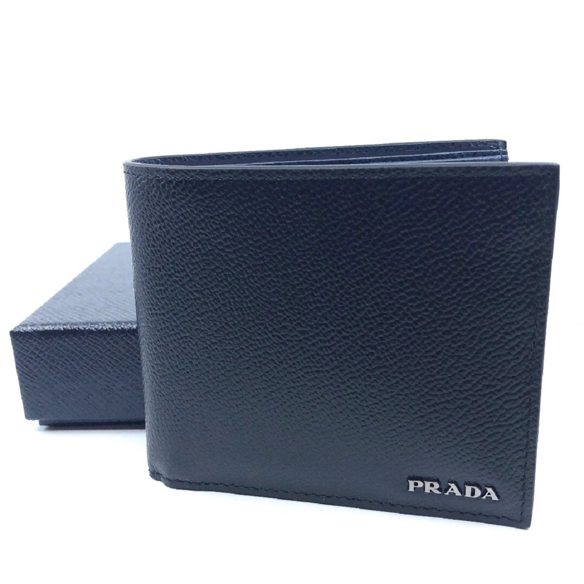 Prada Mens Baltico Blue Vitello Micro Grain Leather Bifold Wallet