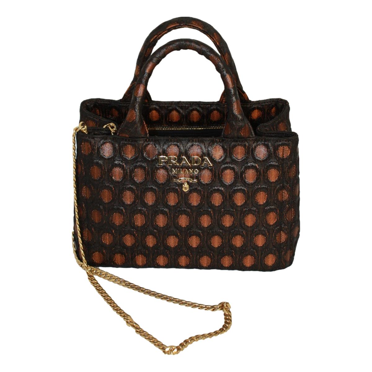 Prada Black Orange Broccato Fabric Top Handle Chain Satchel Bag 1BA038