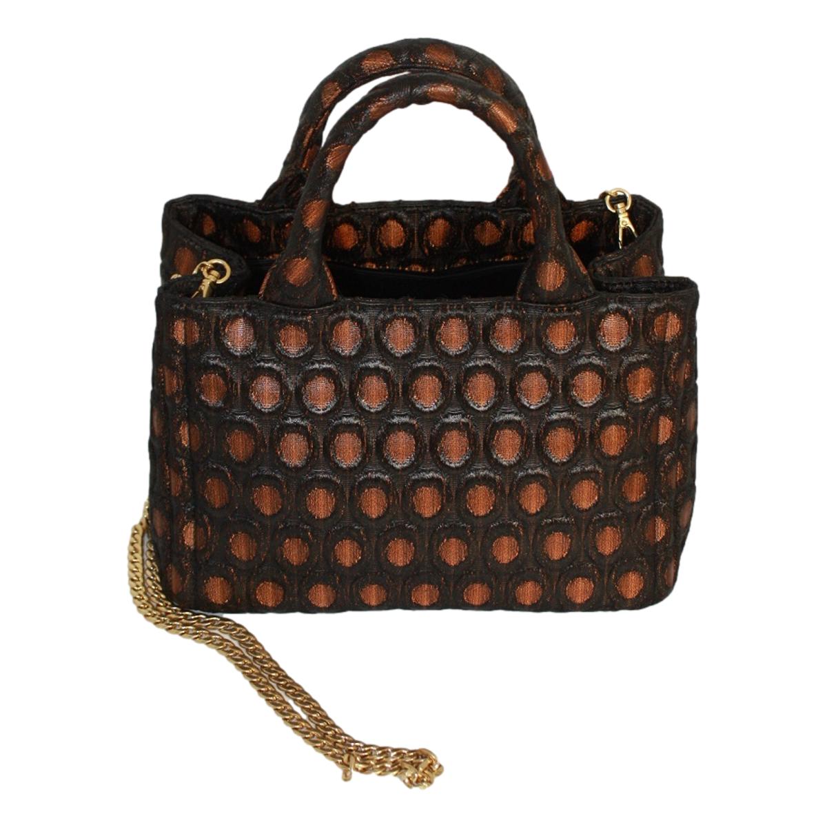 Prada Black Orange Broccato Fabric Top Handle Chain Satchel Bag 1BA038