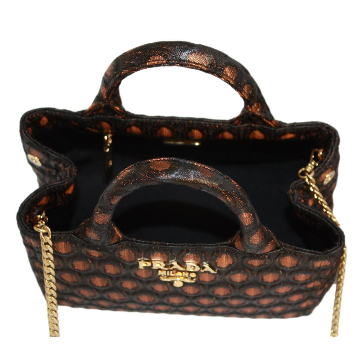 Prada Black Orange Broccato Fabric Top Handle Chain Satchel Bag 1BA038