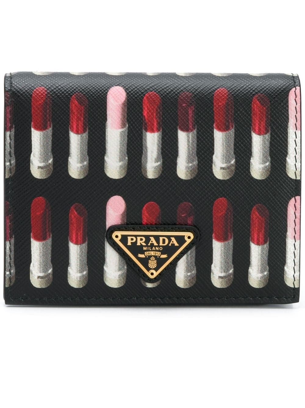 Prada Black Pink Lipstick Print Triangle Logo Bifold Leather Snap Wallet 1MV204