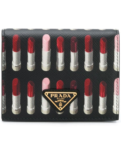 Prada Black Pink Lipstick Print Triangle Logo Bifold Leather Snap Wallet 1MV204