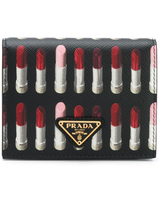 Prada Black Pink Lipstick Print Triangle Logo Bifold Leather Snap Wallet 1MV204