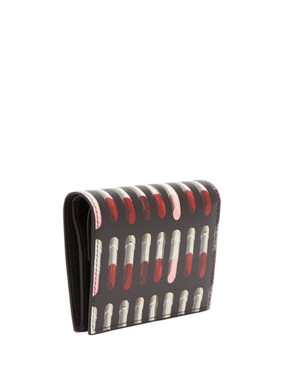 Prada Black Pink Lipstick Print Triangle Logo Bifold Leather Snap Wallet 1MV204