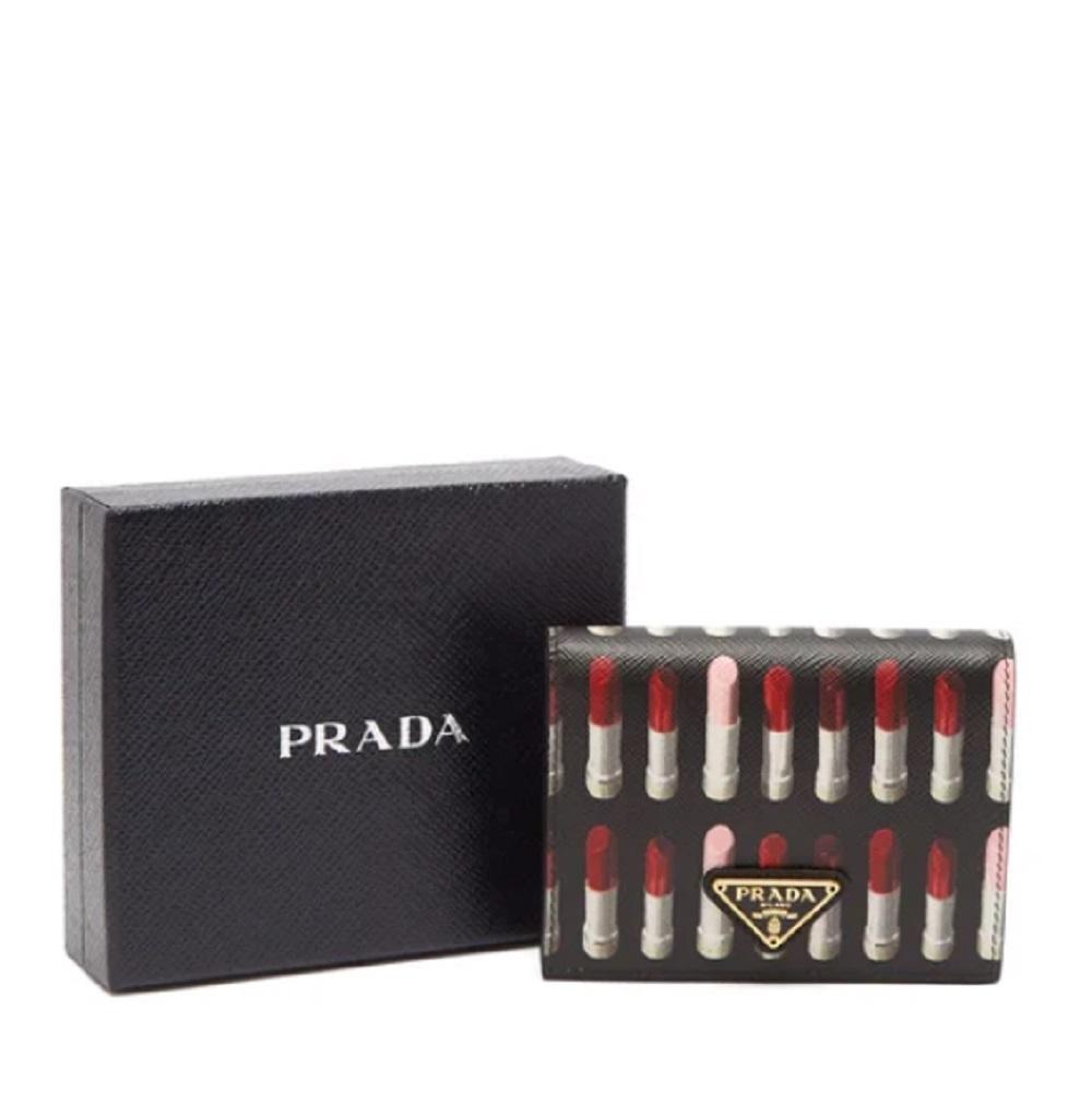 Prada Black Pink Lipstick Print Triangle Logo Bifold Leather Snap Wallet 1MV204