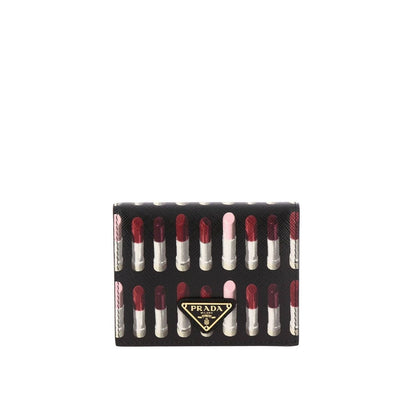 Prada Black Pink Lipstick Print Triangle Logo Bifold Leather Snap Wallet 1MV204