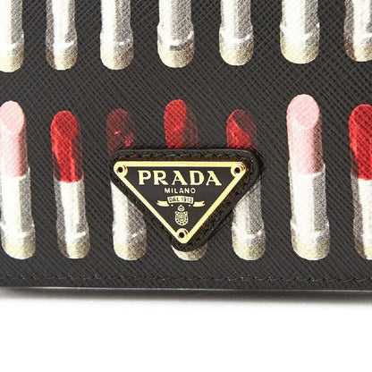 Prada Black Pink Lipstick Print Triangle Logo Bifold Leather Snap Wallet 1MV204
