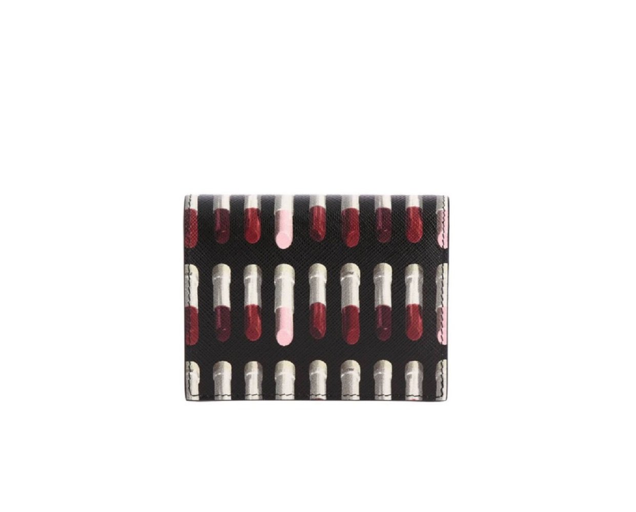 Prada Black Pink Lipstick Print Triangle Logo Bifold Leather Snap Wallet 1MV204