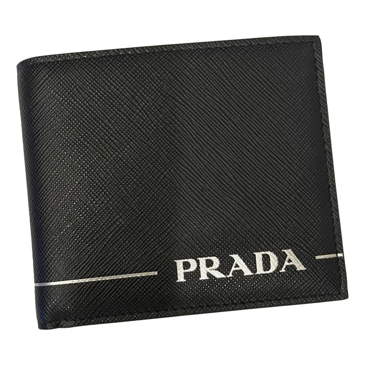 Prada Black Saffiano Leather Argento Silver Stripe Bifold Wallet 2MO513