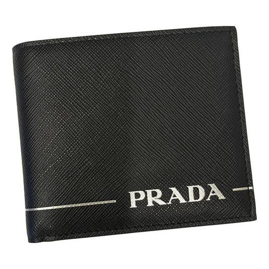 Prada Black Saffiano Leather Argento Silver Stripe Bifold Wallet 2MO513
