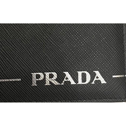 Prada Black Saffiano Leather Argento Silver Stripe Bifold Wallet 2MO513