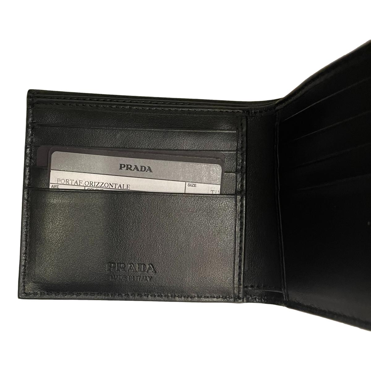 Prada Black Saffiano Leather Argento Silver Stripe Bifold Wallet 2MO513