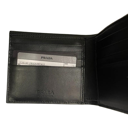 Prada Black Saffiano Leather Argento Silver Stripe Bifold Wallet 2MO513