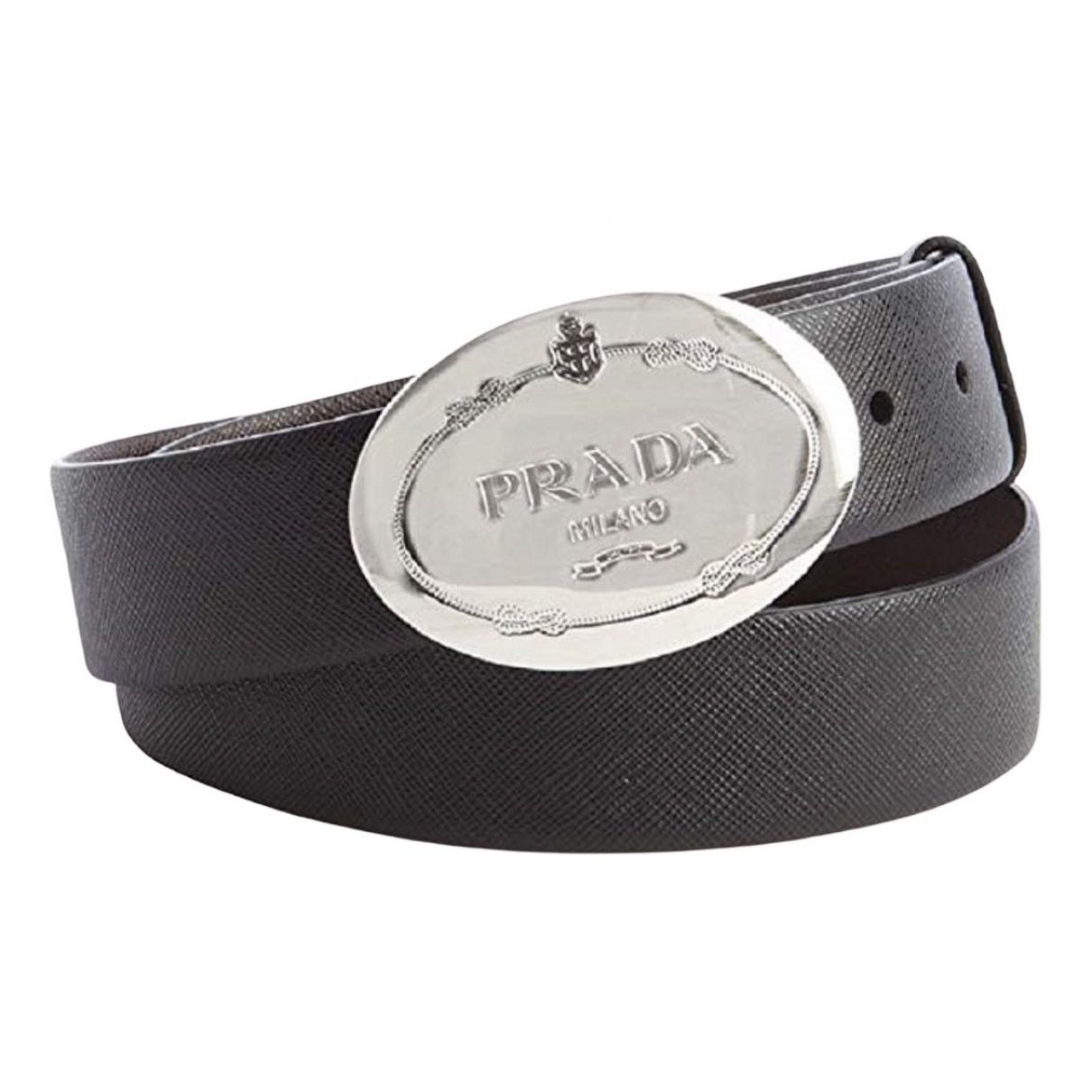 Prada Black Saffiano Leather Engraved Oval Plaque Buckle Belt 95/38