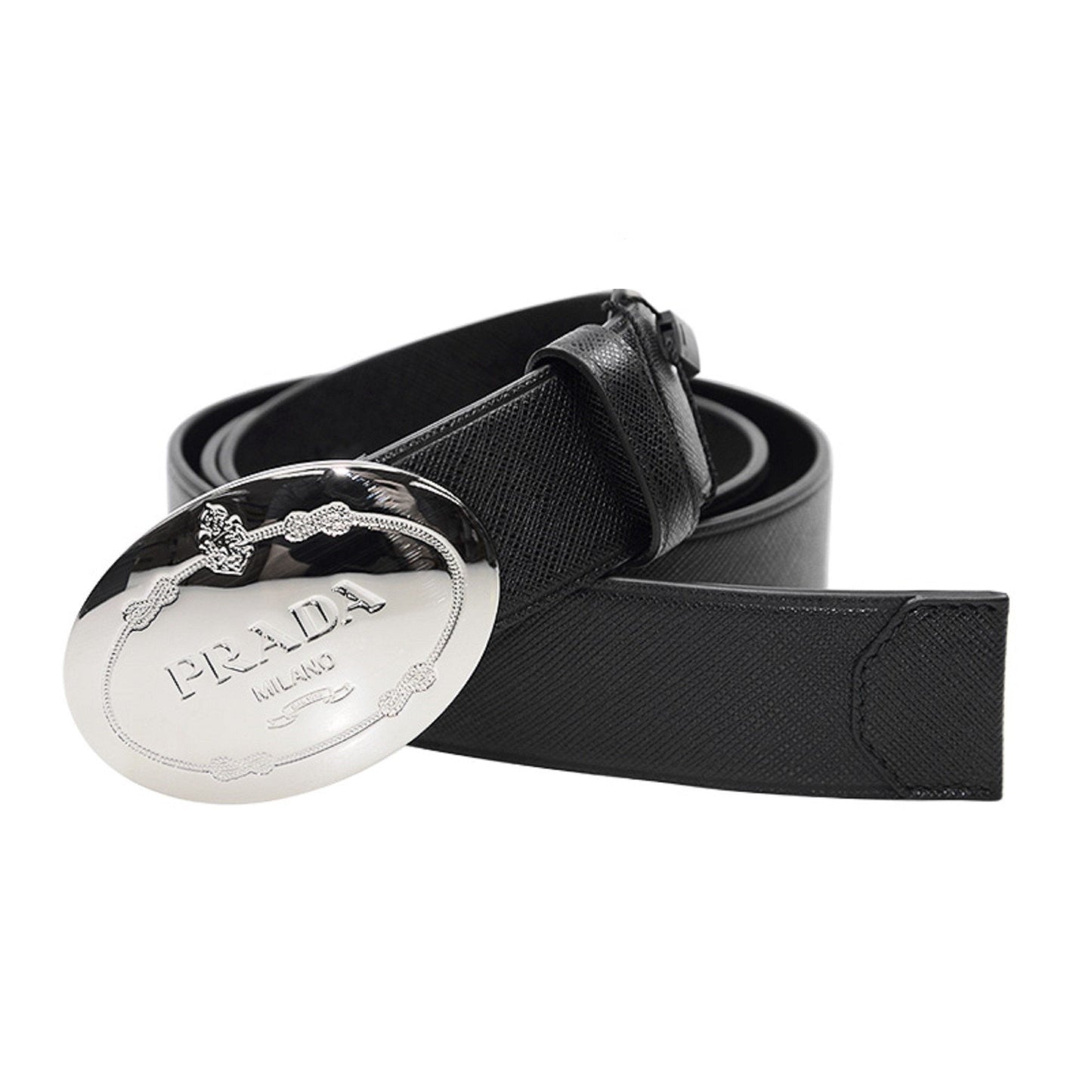 Prada Black Saffiano Leather Engraved Oval Plaque Buckle Belt 95/38
