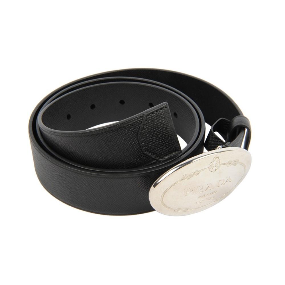 Prada Black Saffiano Leather Engraved Oval Plaque Buckle Belt 95/38