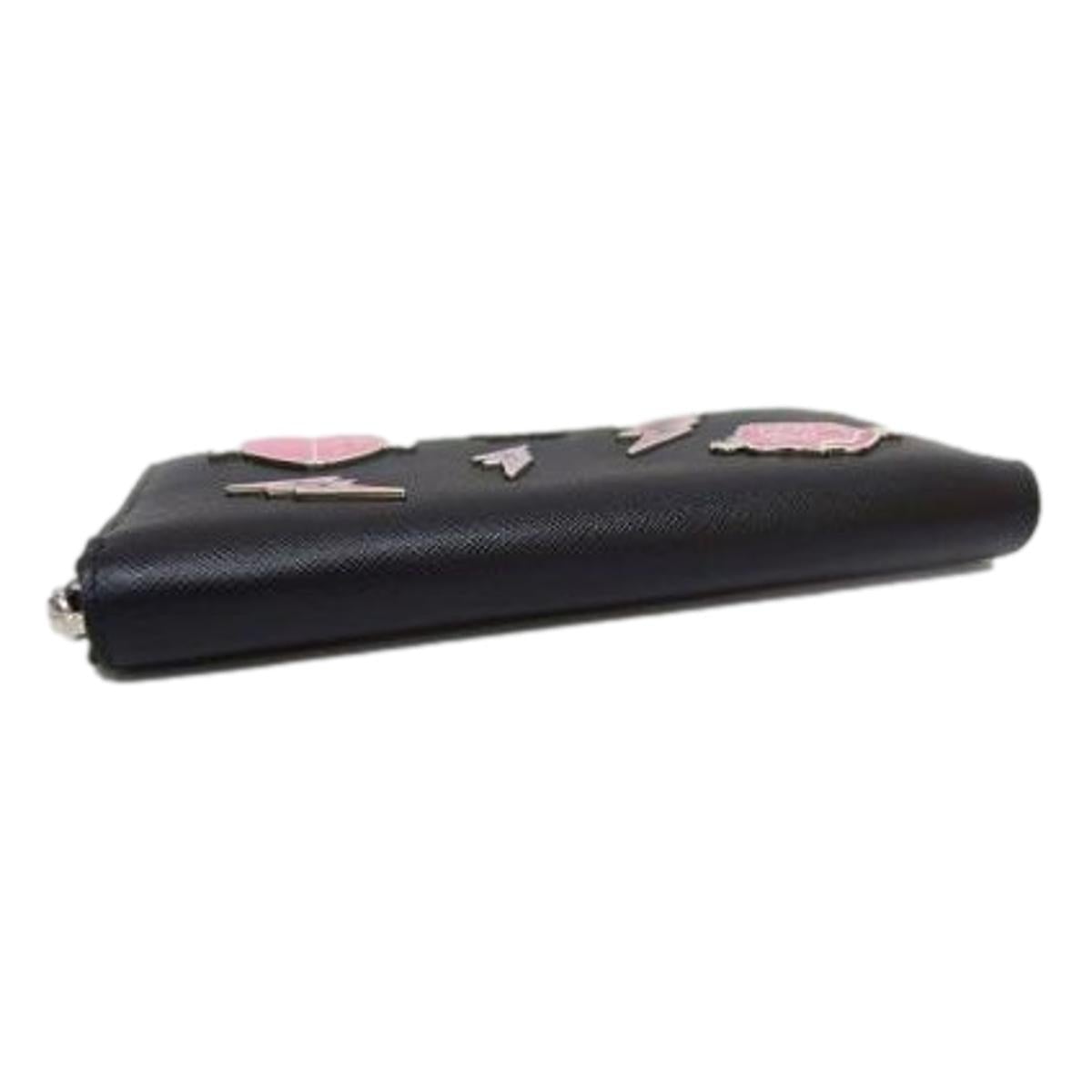 Prada Black Saffiano Leather Frankenstein Heart Rose Zip Around Wallet 1ML506