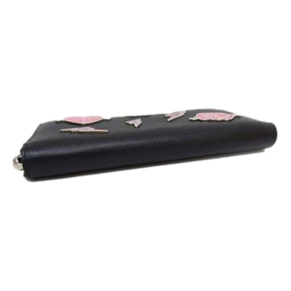 Prada Black Saffiano Leather Frankenstein Heart Rose Zip Around Wallet 1ML506