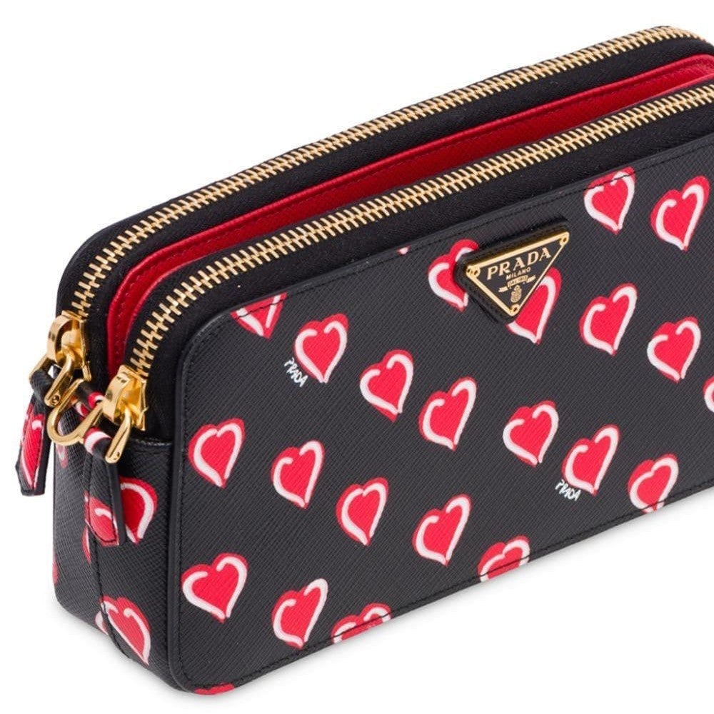 Prada Hearts Red Black Saffiano Leather Double Zip Crossbody 1DH010