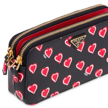 Prada Hearts Red Black Saffiano Leather Double Zip Crossbody 1DH010