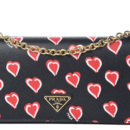 Prada Black Saffiano Leather Heart Print Mini Crossbody Handbag 1DH044
