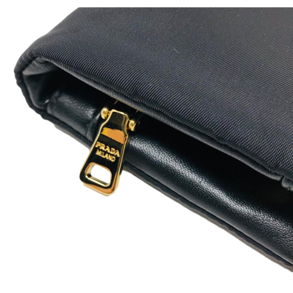 Prada Black Tessuto Nylon Calfskin Leather Wallet Clutch Bag 1MS001
