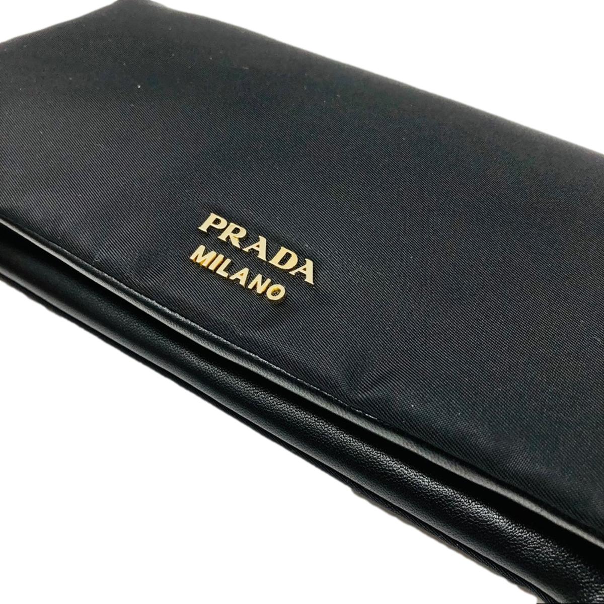 Prada Black Tessuto Nylon Calfskin Leather Wallet Clutch Bag 1MS001