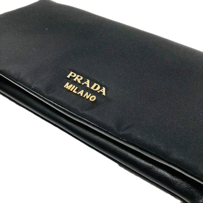 Prada Black Tessuto Nylon Calfskin Leather Wallet Clutch Bag 1MS001