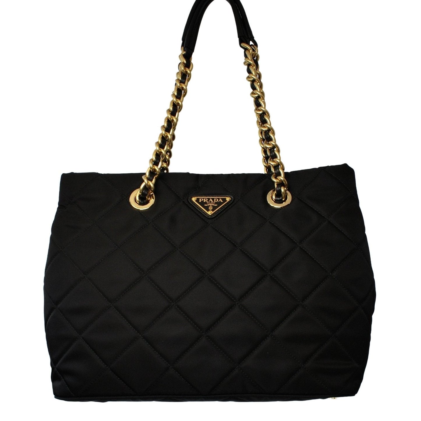 Prada Black Tessuto Nylon Gold Chain Quilted Convertible Tote Bag 1BG740